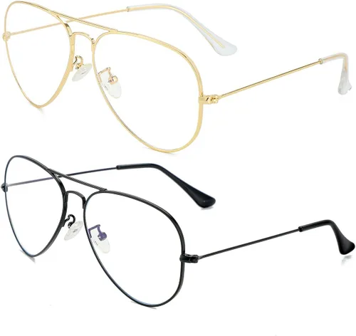 Vista 10 de JOVAKIT Lentes de aviador transparentes para mujeres y hombres, lentes sin receta, lentes de bloqueo de luz azul, marco de metal