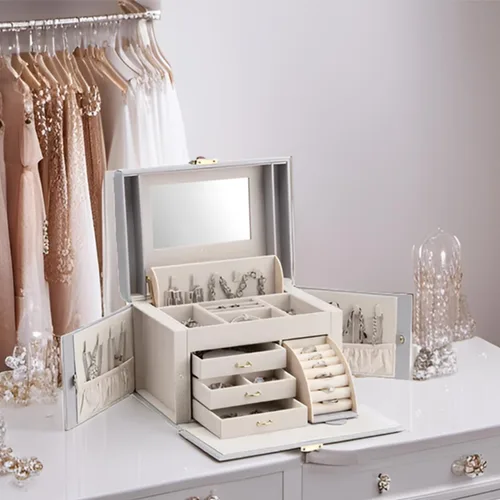 Vista 5 de Vlando Organizador de caja de joyería con espejo, caja de almacenamiento de joyería de cuero, collares, aretes, anillos, soportes, soporte de caja