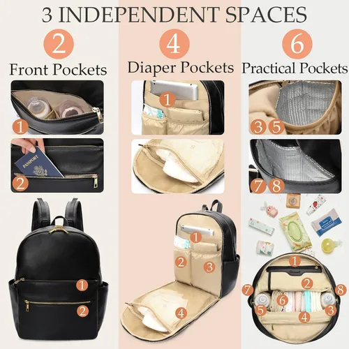 Vista 3 de Omanmoli Mochila para pañales de bebé, bolsa de pañales de cuero, mochila para mamá y papá con 18 bolsas organizadoras, 6 bolsillos aislados, Negro