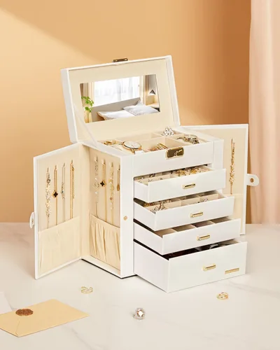 Vista 9 de Homde Joyero enorme de cuero sintético con espejo, organizador de relojes, collar, anillo y aretes, estuche de regalo con cerradura (blanco + dorado)