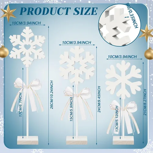 Vista 4 de Blulu 3 piezas de decoración de copo de nieve de madera de Navidad de color blanco de pie de invierno, decoración de Navidad para accesorios