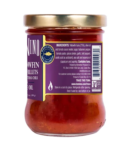 Vista 3 de Tonnino Filetes de atún bajos en calorías y sin gluten de aleta amarilla en aceite de oliva, 6.3 onzas, chile tailandés picante (paquete de 6))