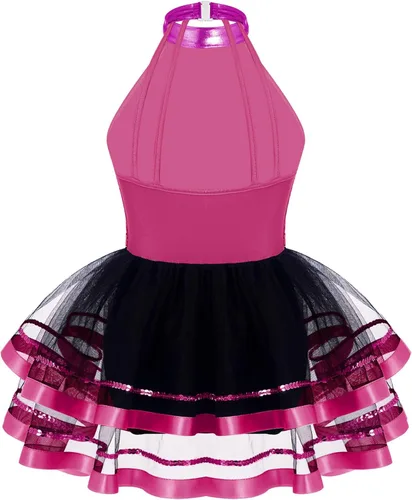 Vista 2 de CHICTRY Vestido tutú de ballet con lentejuelas brillantes para niñas y niñas, moderno disfraz de baile latino de jazz