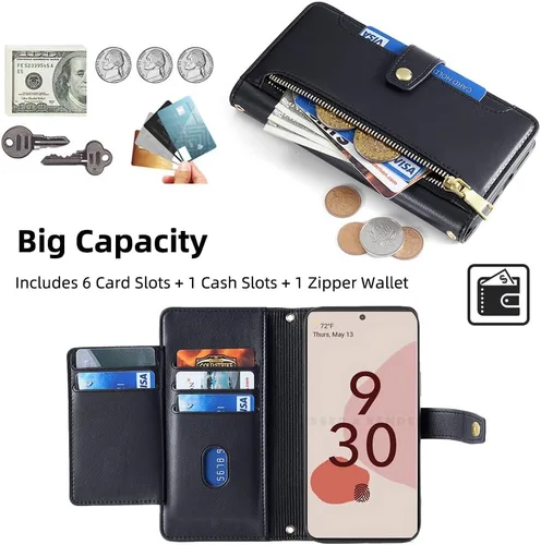 Vista 4 de Asuwish Funda de teléfono para Google Pixel 6 Pro Wallet Cover y protector de pantalla con cremallera para tarjetero, soporte de ranura de cuero
