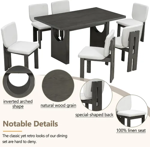 Vista 4 de Merax Juego de comedor retro de 7 piezas para 6, mesa rectangular de madera de goma con base de caballete diseñada y 6 sillas tapizadas para comedor