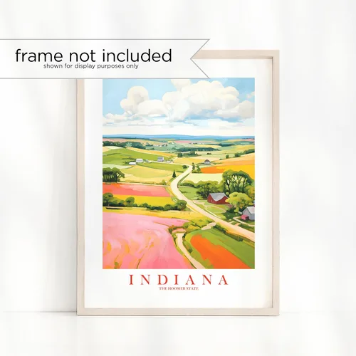 Vista 2 de ColorAndFlair Indiana Travel Print Hoosier State Souvenir Nature Green Pink Orange Wall Art Retro Poster Red Barn Landscape Painting (13x19 inches)