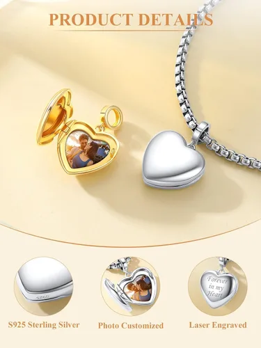 Vista 3 de Custom4U Photo Charms for Bracelets 925 Sterling Silver/Gold Plated Heart/Tree of Life/Round Charm Bead Personalized with Picture Custom