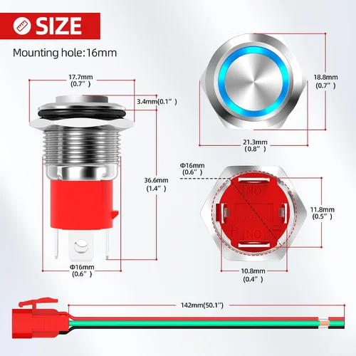 Vista 2 de Interruptor de Botón Pulsador con Bloqueo de 12V 20A Resistente CC 12 Voltios Impermeable Interruptor Redondo 16MM Metal Anillo LED Azul Iluminado