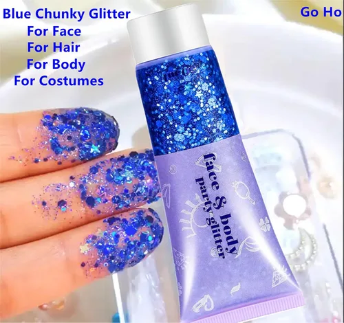 Vista 5 de Go Ho Brillantina azul para rostro y cuerpo, pintura facial azul de Halloween, gel brillante de sirena, lentejuelas gruesas holográficas para ojos