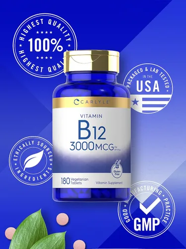 Vista 5 de Carlyle Vitamina B12 3000 mcg 180 tabletas Suplemento vegetariano Sin OMG y sin gluten