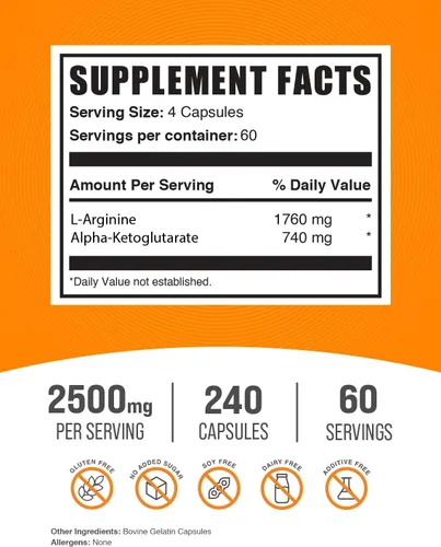 Vista 2 de BulkSupplements. com AAKG Cápsulas - Suplemento de L-Arginina, Suplemento de óxido nítrico, sin gluten, 4 cápsulas por porción, 240