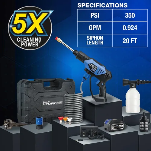 Vista 12 de Ontel Turbo Jet HydroX5 Pro Lavadora a presión inalámbrica portátil (batería de 21 V 3000 mAh), boquilla 6 en 1, fuente de agua doble, manguera