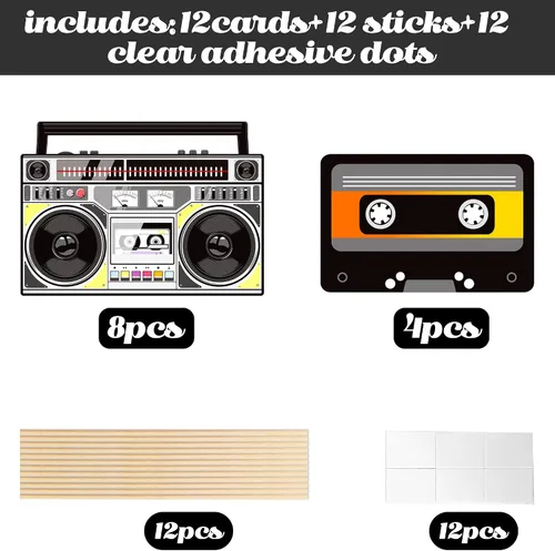 Vista 3 de Palos de centro de mesa Boombox de los años 90, decoraciones de fiesta temática de los años 90, 12 piezas de cinta de casete de radio Boombox