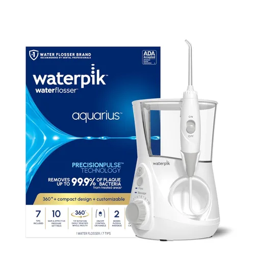 Vista 2 de Waterpik Aquarius - Irrigador dental profesional con 7 puntas de hilo dental y enjuague oral formulado por dentistas TheraBreath Fresh Breath, menta