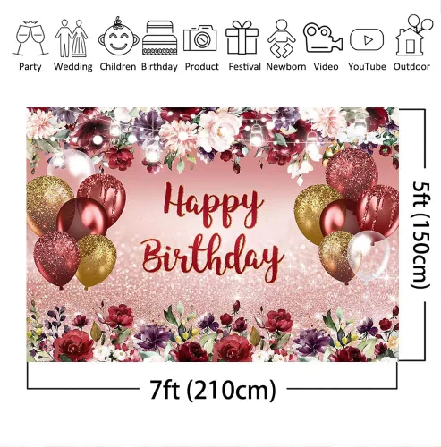 Vista 4 de Mocsicka Telón de fondo floral de feliz cumpleaños, flores burdeos, oro rosa, fondo de fotos con purpurina, vinilo para niñas y mujeres, decoración