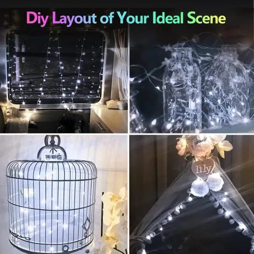 Vista 8 de BOSSERN - Guirnalda de luces de Navidad a batería, con control remoto, 60 LED, 8 modos, regulable, con temporizador y función de memoria Blanco