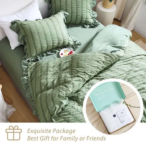 Vista 7 de MILDLY Funda de edredón con volantes tamaño King – Juego de ropa de cama de sirsaca con volantes bohemios y elegantes de 3 piezas, 100% microfibra