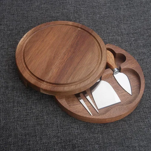 Vista 6 de Tabla redonda de madera de acacia para servir queso y juego de 3 herramientas de queso, 7.5 pulgadas de diámetro, ideal para bodas, cumpleaños