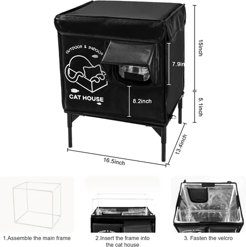 Vista 6 de Casa para gatos al aire libre, refugio elevado indestructible para gatos resistente a la intemperie con puerta de escape, exterior impermeable