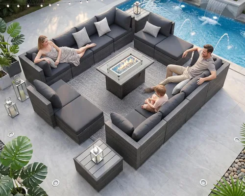 Vista 37 de NICESOUL Juego de muebles de patio de ratán extra grande con mesa para fogata de gas y propano, 29.3 pulgadas, respaldo alto, cómodos conversaciones