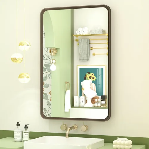 Vista 23 de OKPAL - Espejo de tocador de baño de 20x24 pulgadas con marco de metal cepillado en bronce, espejo de baño con marco de metal cepillado en bronce