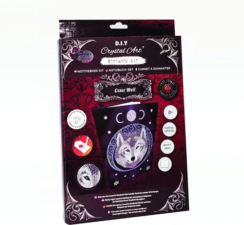 Vista 6 de Crystal Art Cuaderno de pintura de diamantes, lobo lunar, crea una cubierta brillante con cristales, para edades de 8 años en adelante