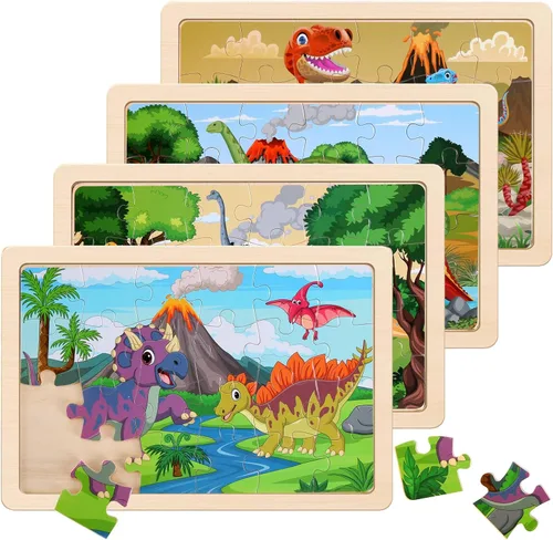 Vista 10 de Rompecabezas de madera para niños de 3 a 5 años, juego de 4 paquetes con 20 piezas de granja, rompecabezas de madera con temática de animales