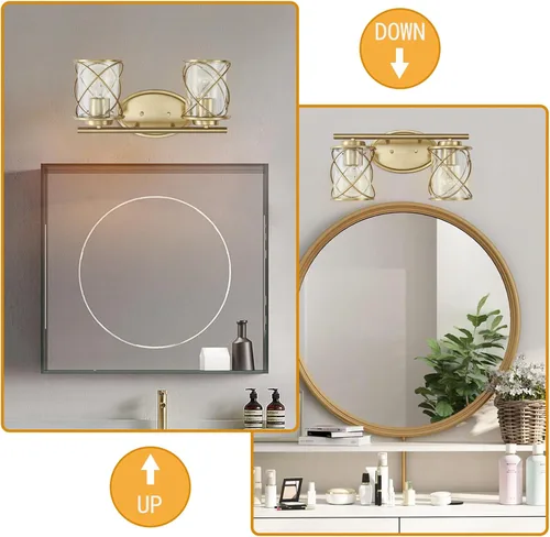Vista 3 de mavcadonf Luces de Tocador de Baño de 2 Luces, Lámparas de Baño sobre el Espejo, Luz de Tocador Dorado Cepillado, Luces de Pared de Estilo Rústico