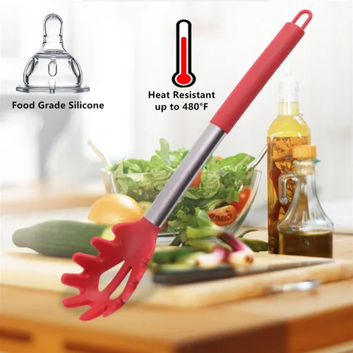 Vista 4 de Tenedor de silicona para pasta, cuchara de espagueti, para cocina, resistente al calor, cuchara de pasta de grado alimenticio con mango de acero