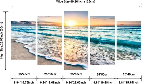 Vista 6 de Pyradecor 5 paneles azul playa amanecer ola blanca imágenes pintura sobre lienzo arte de pared moderno paisaje marino Giclée impresiones sobre
