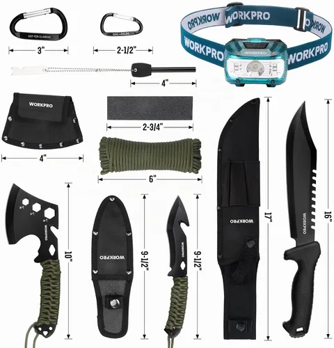 Vista 7 de WORKPRO Hacha de camping y machete con funda, hacha de campamento y cuchillos de hoja fija con mango de paracord, linterna frontal, pedernal, juego