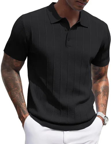 Vista 104 de COOFANDY Camisas polo de punto para hombre de manga corta con textura acanalada Camisas de golf casuales y ligeras con cuello Camiseta de polo