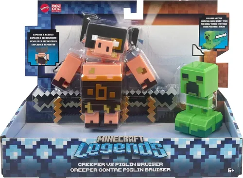 Vista 6 de Mattel Minecraft Legends - Figura de acción de 2 unidades, juego de Creeper vs Piglin Bruiser, juguetes coleccionables Attack & React, escala