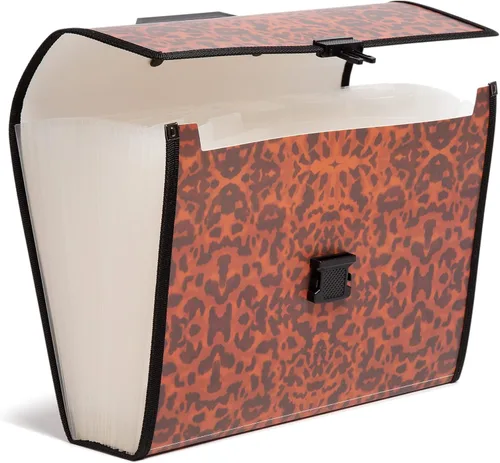 Vista 4 de U Brands Carpeta de archivo de polietileno expandible de 26 bolsillos, suministros de oficina, estampado de leopardo, 13.11 x 10.24 pulgadas