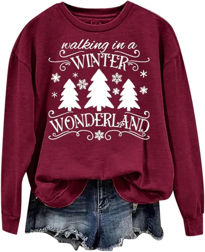 Vista 4 de Ceboyel Sudaderas gráficas de Navidad para mujer, camisa de manga larga, suéter divertido y alegre, ropa de moda 2023