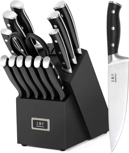 Vista 9 de WANGMAZI Juego de 15 cuchillos de acero inoxidable japonés de alto carbono, juego de cuchillos afilados para cocina, apto para lavavajillas, caja