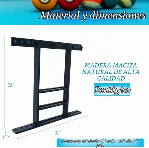 Vista 4 de Soporte para taco de piscina de montaje en pared, estante de madera maciza negro para 8 tacos