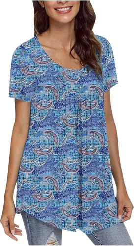Vista 4 de Stessotudo Fashion Casual Tunic Tops for Women Crewneck Short Sleeve Long Blouse Floral Print Loose Fit Summer Flowy Shirts