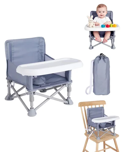 Vista 8 de Silla de bebé portátil, asiento elevador plegable con bandeja para mesa de comedor, silla de camping compacta para césped, playa, viajes, bebés de 6