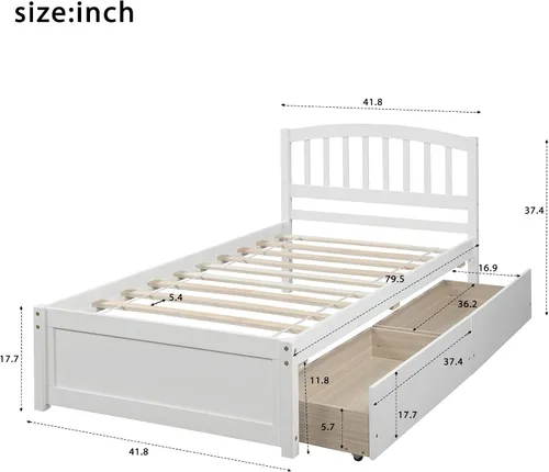 Vista 2 de Harper & Bright Designs Marco de cama de almacenamiento individual, cama de plataforma de madera con dos cajones y cabecero, color blanco