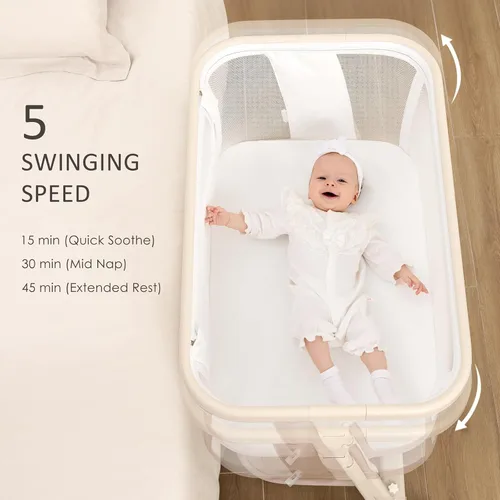 Vista 6 de ANGELBLISS Cuna eléctrica para bebé, cama mecedora automática, 6 alturas con colchón, sábana lavable, control remoto, 5 velocidades, 3