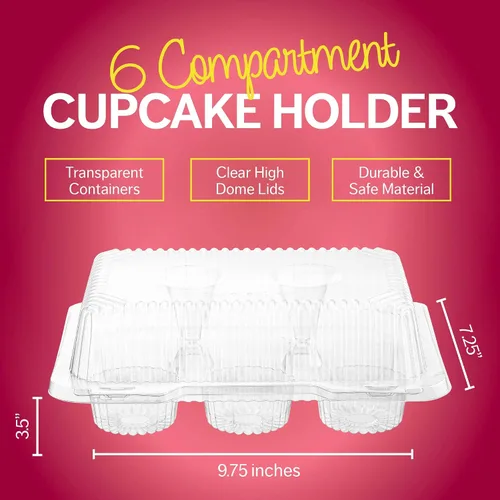 Vista 5 de Cajas de plástico para cupcakes 6 compartimentos – Paquete de 12 Soporte desechable de docena de magdalenas con tapa a granel Cajas apilables