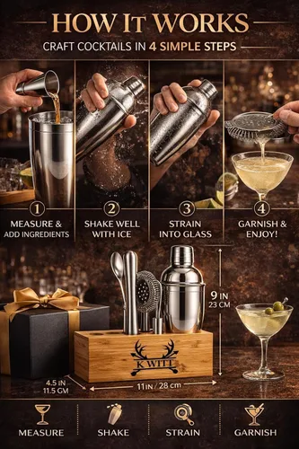 Vista 7 de Juego de coctelera personalizada de 12 piezas con soporte de bambú, kit de barman de mixología, coctelera de Martini y herramientas profesionales