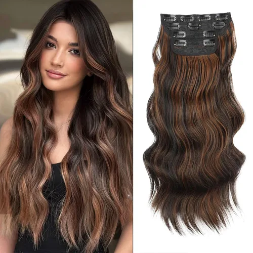 Vista 32 de Extensiones de cabello con clip de Vigorous de 20 pulgadas, con reflejos rubio playa, extensiones de cabello ondulado largo y suave de cabello