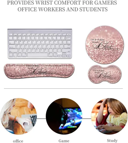 Vista 5 de Reposamuñecas para teclado + alfombrilla para mouse + reposamuñecas para mouse + posavasos, espuma viscoelástica ergonómica, juego de 4 almohadillas