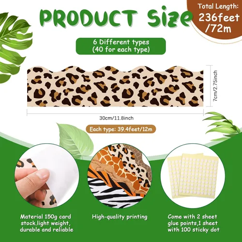 Vista 2 de Containlol Bordes festoneados con estampado de animales de 236 pies, diseño de safari en la selva, para el aula, para la escuela, pizarra, póster