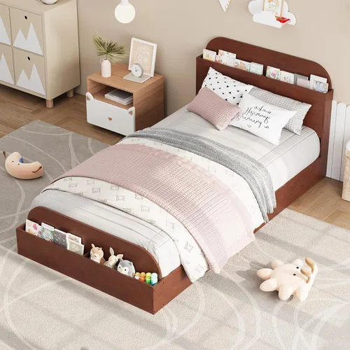 Vista 6 de Estructura de cama Garvee tamaño individual con cabecero y estribo – Cama de plataforma baja para niños, diseño de piso doble de madera, sin ruido