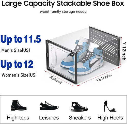 Vista 2 de eWonLife Cajas de zapatos grandes con puerta magnética, paquete de 12 organizadores apilables de almacenamiento de zapatos para armario, contenedor