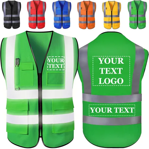 Vista 14 de Chaleco de seguridad personalizado con logotipo, texto, nombre, alta visibilidad, bolsillos y cremallera, a granel para mujeres y hombres Class 2
