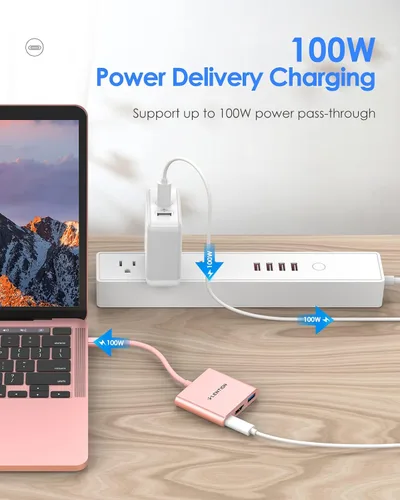 Vista 2 de LENTION Hub USB-C 3 en 1, adaptador HDMI 4K con USB 3.0 y carga PD de 100 W, compatible con MacBook/Surface/iPad Pro, oro rosa Ideal for Work &